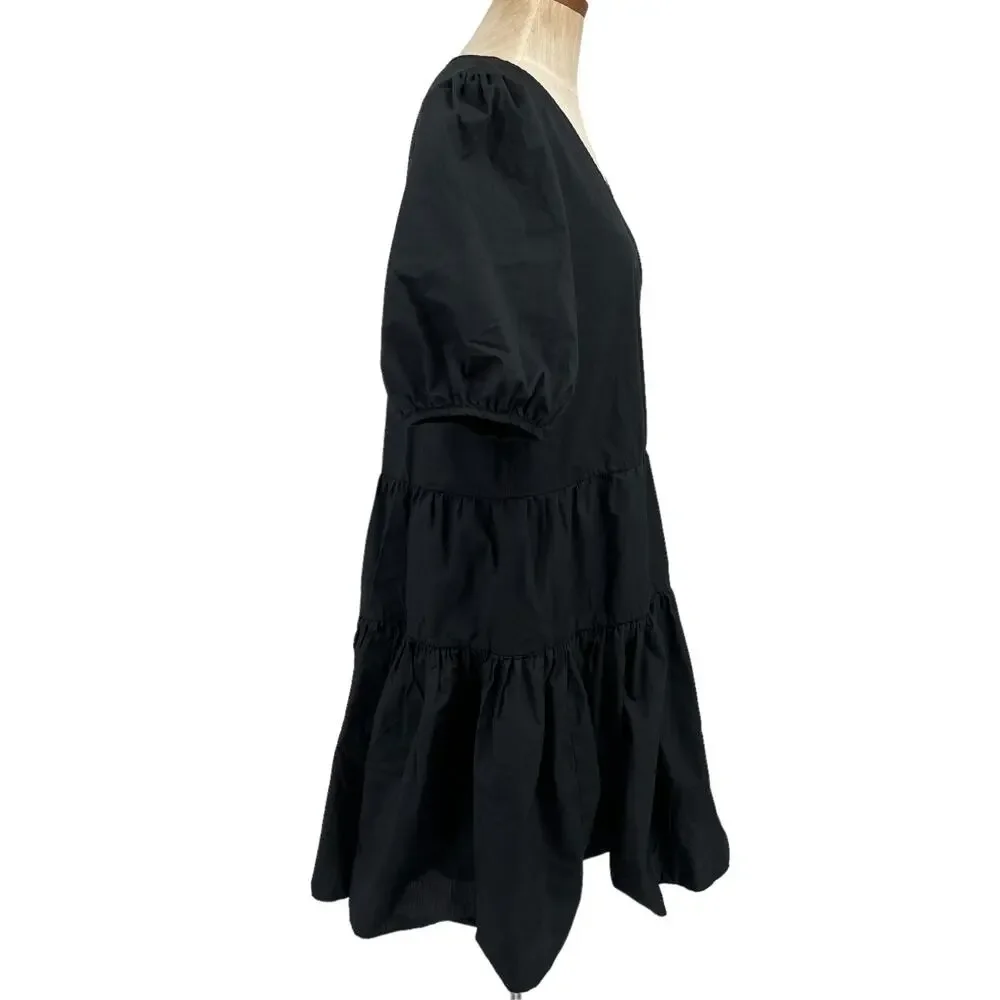J Crew 2 pc  Black Wrap Dress & Slip Short Puff Sleeves Tiers Size Large NEW